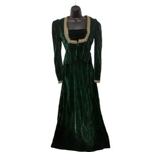 Gunne Sax Black Label Green Velvet Jute Renaissance Style Dress and Jacket Set